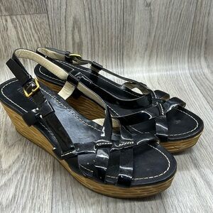 Miu Miu black patent and wood Wedge sandals